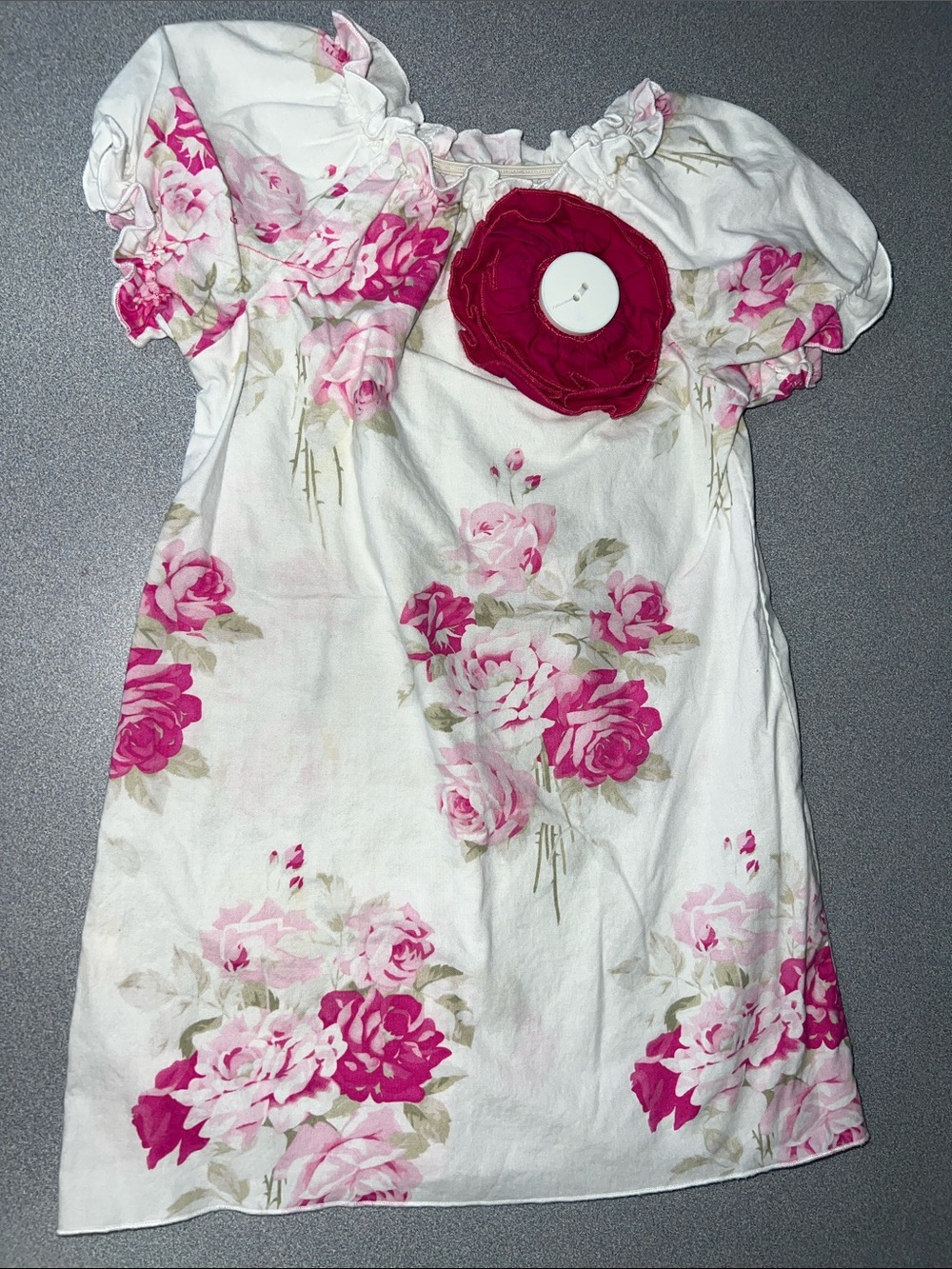 White Floral Girls Dress with Pink Rose Accent